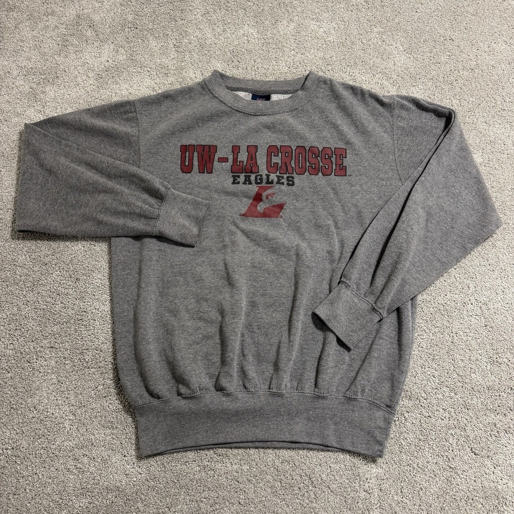 Vintage UW Wisconsin La-Crosse Eagles Sweatshirt Men Sz M Grey Pullover Crewneck